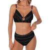 CUPSHE Women’s Bikini Sets Two Piece Swimsuit V Neck Cut Out Bathing Suit Mid Rise Back Hook Beading Textured(Black)