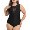 CUPSHE Women’s One Piece Swimsuit Plus Size Bathing Suit Mesh Crew Neck Swimwear Back Tie(Black)