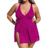 CUPSHE Women’s One Piece Swimsuit Plus Size Bathing Suit Mesh Hollow Out Cross Back Split Swim Dress Leaf Texture(Fuchsia Pink)
