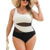 CUPSHE Women’s Plus Size Swimsuit One Piece Bathing Suit Mesh Removable Straps Swimwear(White/Black)