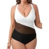 CUPSHE Women’s Plus Size Swimsuit One Piece Tummy Control Bathing Suit Crossback Halter Ruched Swimwear(Black/White)