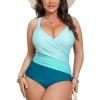 CUPSHE Women’s Plus Size Swimsuit One Piece Tummy Control Bathing Suit Crossback Halter Ruched Swimwear(Teal/Light Blue)