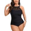 CUPSHE Women’s Plus Size Tankini Sets High Neck Mesh Cutouts Two Piece Swimsuits Adjustable Straps Mid Rise(Black)
