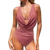 CUPSHE Women’s Two Piece Bikini Sets High Waisted Deep V Cowl Neck Ruching Crisscross Back Hook Adjustable Straps(Brick Red)