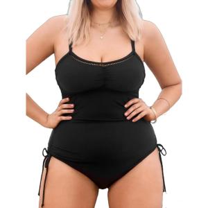 CUPSHE Plus Size Women’s One Piece Bathing Suit Scoop Neck Swimsuit Cutouts Side Drawstring Adjustable Straps(Black)