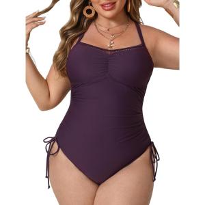 CUPSHE Plus Size Women’s One Piece Bathing Suit Scoop Neck Swimsuit Cutouts Side Drawstring Adjustable Straps(Deep Purple)