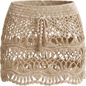 CUPSHE Women Crochet Coverup Skirt Drawstring Knit Mini Skirt Coverup for Swimwear(Beige)