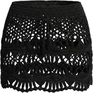 CUPSHE Women Crochet Coverup Skirt Drawstring Knit Mini Skirt Coverup for Swimwear(Black)
