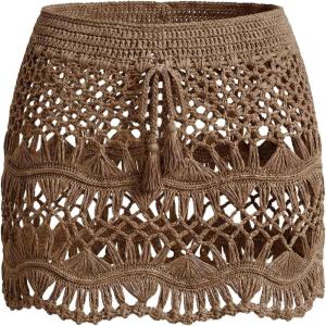 CUPSHE Women Crochet Coverup Skirt Drawstring Knit Mini Skirt Coverup for Swimwear(Brown)
