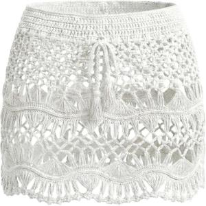 CUPSHE Women Crochet Coverup Skirt Drawstring Knit Mini Skirt Coverup for Swimwear(White)