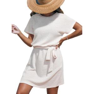 CUPSHE Women Swimsuit Cover Ups Waffle Knit Short Sleeve Tie Beach Coverup Dress(White)