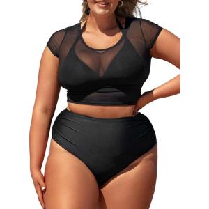 CUPSHE Women Swimsuit Plus Size Bikini Set Three Piece High Waisted Sheer Mesh Top Halter Ruched Bottom(Black)