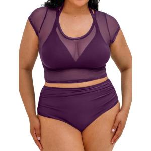CUPSHE Women Swimsuit Plus Size Bikini Set Three Piece High Waisted Sheer Mesh Top Halter Ruched Bottom(Blackberry Wine)