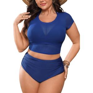 CUPSHE Women Swimsuit Plus Size Bikini Set Three Piece High Waisted Sheer Mesh Top Halter Ruched Bottom(Blue)