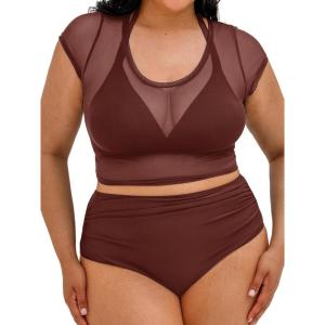 CUPSHE Women Swimsuit Plus Size Bikini Set Three Piece High Waisted Sheer Mesh Top Halter Ruched Bottom(Brown)