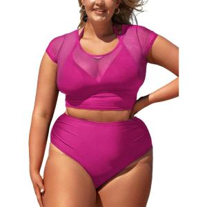 CUPSHE Women Swimsuit Plus Size Bikini Set Three Piece High Waisted Sheer Mesh Top Halter Ruched Bottom(Orchid Pink)