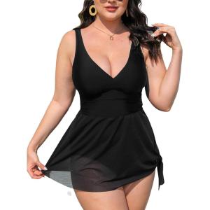 CUPSHE Women Tankini Sets Plus Size Two Piece Swimsuit High Waisted V Neck Mesh Ruched Self Tie Swim Dress(Black)