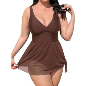 CUPSHE Women Tankini Sets Plus Size Two Piece Swimsuit High Waisted V Neck Mesh Ruched Self Tie Swim Dress(Chocolate Brown)