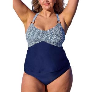 CUPSHE Women Tankini Sets Plus Size Two Piece Swimsuit V Neck Mid Rise Crisscross Back Tie O Ring(Navy Blue/Retro Print)