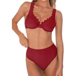 CUPSHE Women’s Bikini Set High Waisted Two Piece Swimsuit Push Up Full Coverage Bathing Suit Scalloped Back Hook(Red)