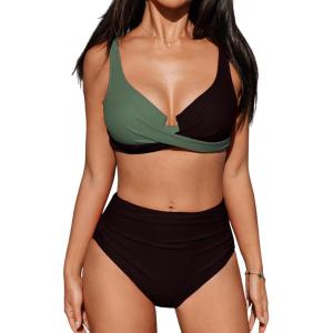 CUPSHE Women’s Bikini Sets High Waisted Swimsuit Underwire Adjustable Straps Twisted Hook Full Coverage Bottom(Black/Dark Green)