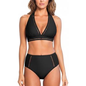 CUPSHE Women’s Bikini Sets High Waisted Two Piece Swimsuit V Neck Halter Strap Bathing Suit Cutouts Back Hook(Black)