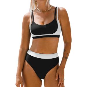 CUPSHE Women’s Bikini Sets Scoop Neck Adjustable Straps Sporty Bathing Suit High Rise Colorblock(Black/White)