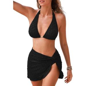 CUPSHE Women’s Bikini Sets Three Piece Swimsuit V Neck Textured Halter Back Self Tie Twist Sarong Low Rise(Black)