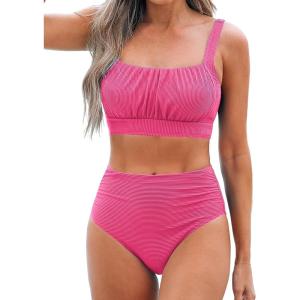 CUPSHE Women’s Bikini Sets Two Piece Bathing Suit High Waisted Square Neck Adjustable Straps Ruched(Hot Pink)