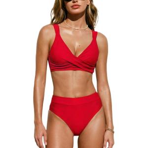 CUPSHE Women’s Bikini Sets Two Piece Swimsuit High Waisted Bathing Suit V Neck Twist Front Adjustable Wide Straps(True Red)