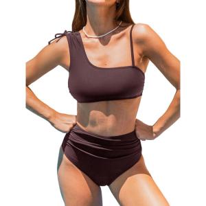 CUPSHE Women’s Bikini Sets Two Piece Swimsuit High Waisted Drawstring Asymmetrical Neck Shirred Bathing Suits(Brick Brown)
