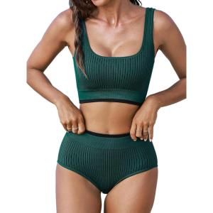 CUPSHE Women’s Bikini Sets Two Piece Swimsuit High Waisted Scoop Neck Wide Straps Bathing Suit(Dark Green)