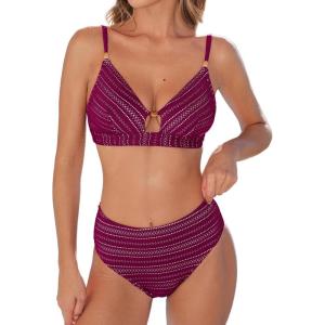 CUPSHE Women’s Bikini Sets Two Piece Swimsuit V Neck Cut Out Bathing Suit Mid Rise Back Hook Beading Textured(Purple Red)