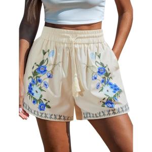 CUPSHE Women’s Casual Beach Shorts Elastic Drawstring Waist Swimsuit Cover Ups Shorts with Side Pockets(Floral White)