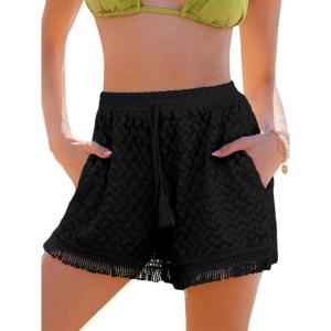CUPSHE Women’s Casual Shorts High Waisted Beach Cover Up Drawstring Lace Summer Shorts with Pockets(Black)