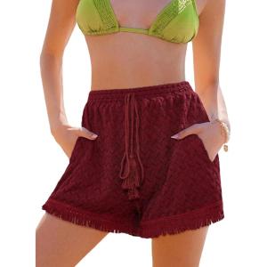 CUPSHE Women’s Casual Shorts High Waisted Beach Cover Up Drawstring Lace Summer Shorts with Pockets(Red)