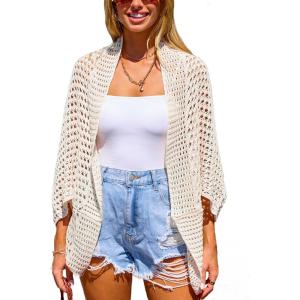 CUPSHE Women’s Crochet Cardigan Long Dolman Sleeves Open Front Kimono Beach Cover Up Casual Summer Outfits(Beige)