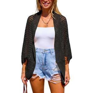 CUPSHE Women’s Crochet Cardigan Long Dolman Sleeves Open Front Kimono Beach Cover Up Casual Summer Outfits(Black)