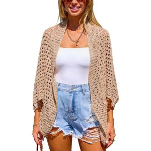 CUPSHE Women’s Crochet Cardigan Long Dolman Sleeves Open Front Kimono Beach Cover Up Casual Summer Outfits(Khaki)