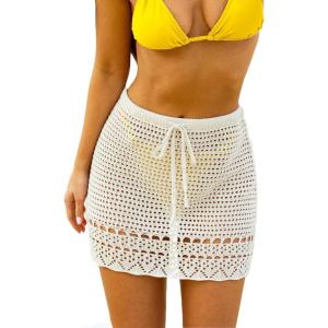 CUPSHE Women’s Crochet Cover Up Skirt Knit Drawstring Mini Beach Skirt Coverups for Swimwear(Beige)