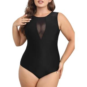 CUPSHE Women’s One Piece Swimsuit Plus Size Bathing Suit Mesh Crew Neck Swimwear Back Tie(Black)