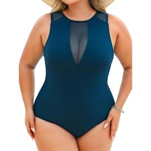 CUPSHE Women’s One Piece Swimsuit Plus Size Bathing Suit Mesh Crew Neck Swimwear Back Tie(Navy Blue)