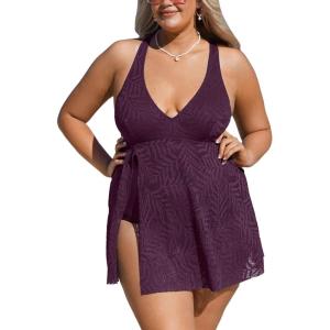 CUPSHE Women’s One Piece Swimsuit Plus Size Bathing Suit Mesh Hollow Out Cross Back Split Swim Dress Leaf Texture(Blackberry Wine)