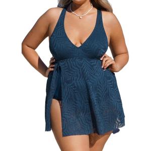 CUPSHE Women’s One Piece Swimsuit Plus Size Bathing Suit Mesh Hollow Out Cross Back Split Swim Dress Leaf Texture(Navy)