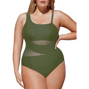CUPSHE Women’s Plus Size Swimsuit One Piece Bathing Suit Mesh Removable Straps Swimwear(Army Green)