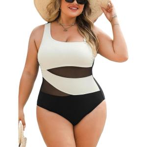 CUPSHE Women’s Plus Size Swimsuit One Piece Bathing Suit Mesh Removable Straps Swimwear(White/Black)