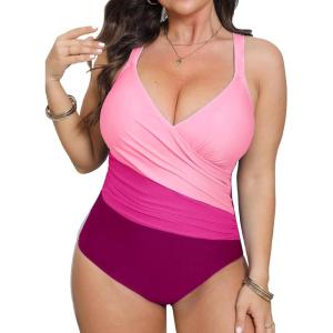 CUPSHE Women’s Plus Size Swimsuit One Piece Tummy Control Bathing Suit Crossback Halter Ruched Swimwear(Fuchsia/Light Pink)