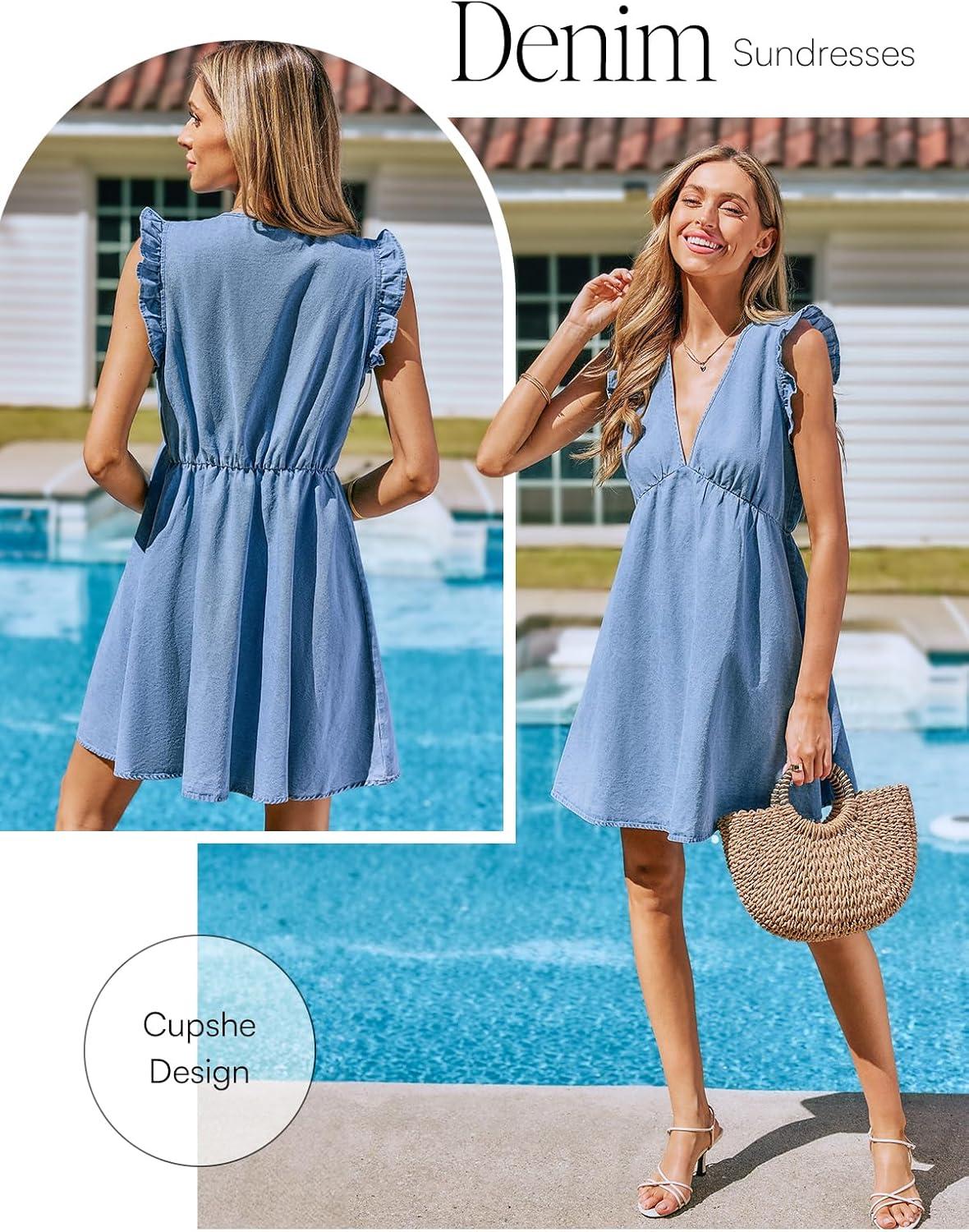 imageCUPSHE Womens Denim Summer Dresses Cotton Plunging V Neck Casual Sundress Ruffle Sleeves Mini DressBlue