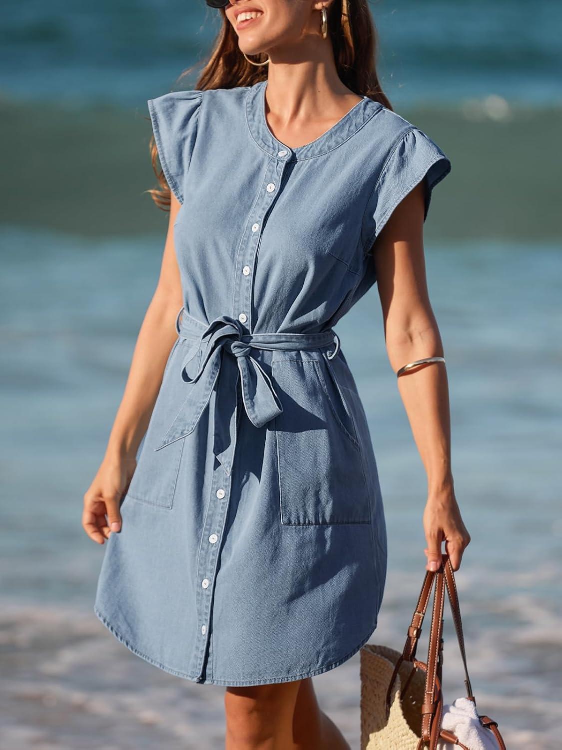 imageCupseh Womens Denim Dress Crewneck Button Down Belted Tie Waist Ruffle Sleeves Mini Dress with PocketsBlue