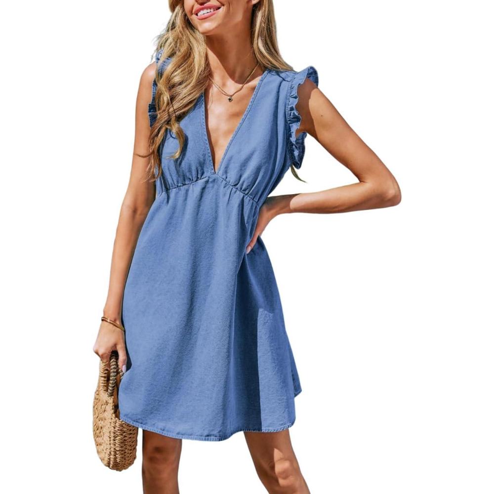 imageCUPSHE Womens Denim Summer Dresses Cotton Plunging V Neck Casual Sundress Ruffle Sleeves Mini DressLight Blue